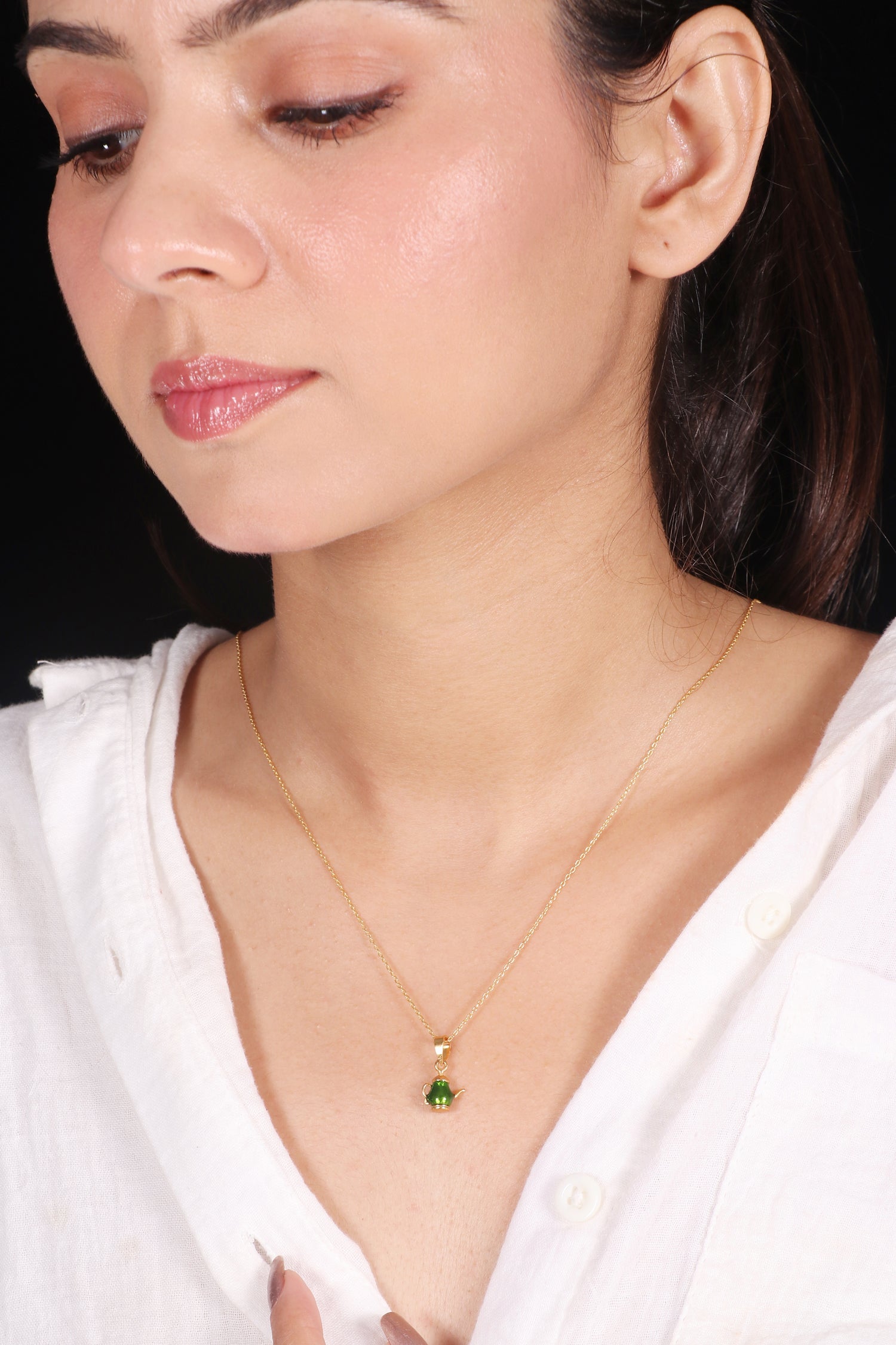 Gold Plated Green Teapot Peantant Without Chain